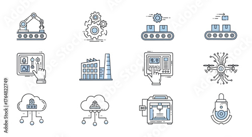 Industry 4.0 and Smart Factory Thin Line Icons Set. Blue and gray illustrations of automation, robotics, smart factory, and cloud technology.