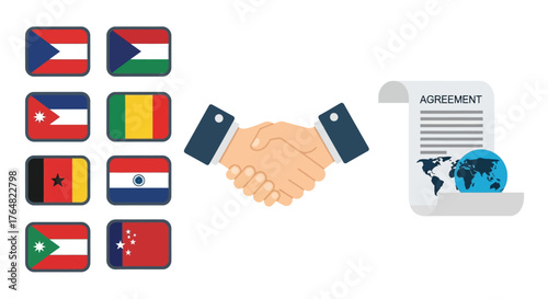 International Agreement Concept - Handshake, Diverse Flags, and Official Document Illustration.