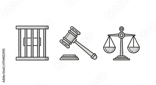 Justice Icons - Jail Cell, Gavel, and Scales of Justice in Line Art Style.