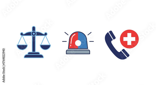 Justice Scales, Emergency Siren, and Medical Call Icons in Blue and Red.