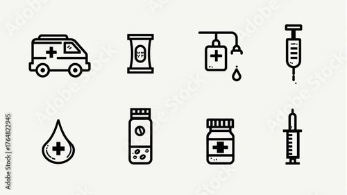 Essential Medical and Healthcare Outline Icons Set: Ambulance, Syringe, Pills, IV Drip, and Blood Drop Vector
