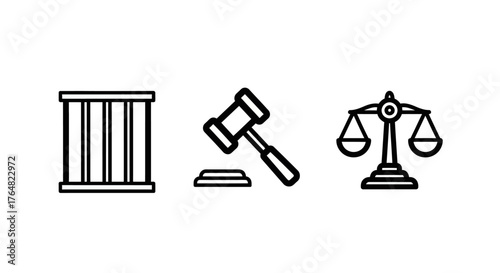 Justice System Icons - Jail Bars, Gavel, and Scales of Justice in Black Outline.