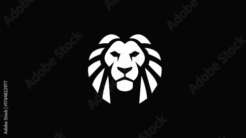 Minimalist white lion head logo design on a black background, symbolizing strength, courage, leadership, and power.