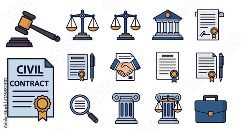 Law and Justice Icons - Gavel, Scales, Courthouse, Contracts, Magnifying Glass, and Briefcase.