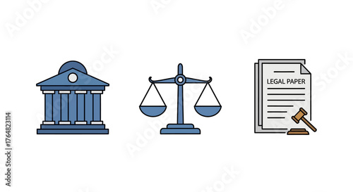 Law and Justice Icons - Courthouse, Scales, Legal Paper, and Gavel.