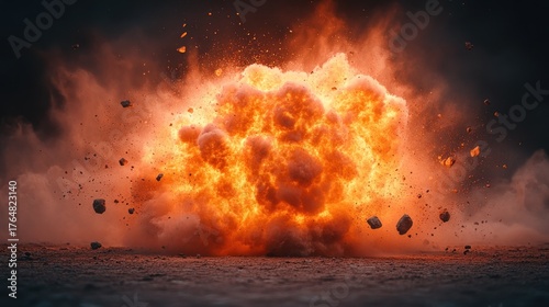 Massive explosion, orange flames, debris