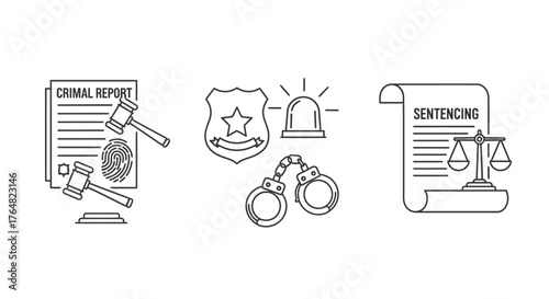 Law Enforcement and Justice Icons - Report, Badge, Siren, Handcuffs, Sentencing.