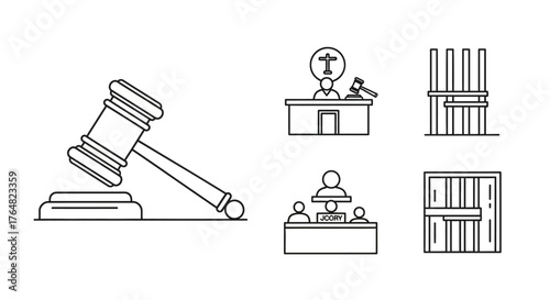 Line art illustration of a gavel, judge, courtroom, and prison bars.