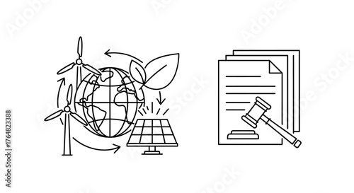 Line Art Illustration of Legal Documents and Judges Gavel, Symbolizing Law.