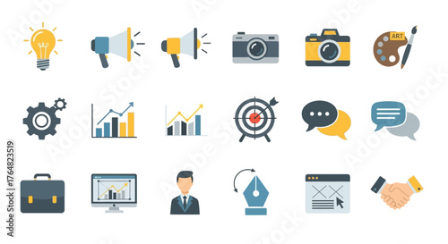 Marketing and Business Icon Set - Lightbulb, Megaphone, Camera, Palette, Gear, Graph, Target, Speech, Briefcase, Monitor, Handshake.