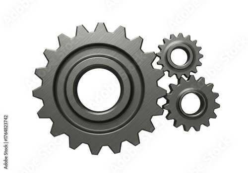 Three metal gears meshing isolated PNG on transparent background, cogwheel mechanism for engineering and industrial design