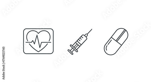 Minimalist black line art medical icons - heart with ECG, syringe, and capsule pill, representing health and treatment.
