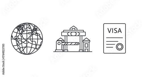 Minimalist black line icons for global travel, border crossing, and visa documentation.