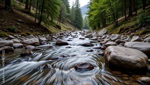 Serene Mountain River Flowing Through Lush Green Forest Surrounded by Large Stones and Rocks