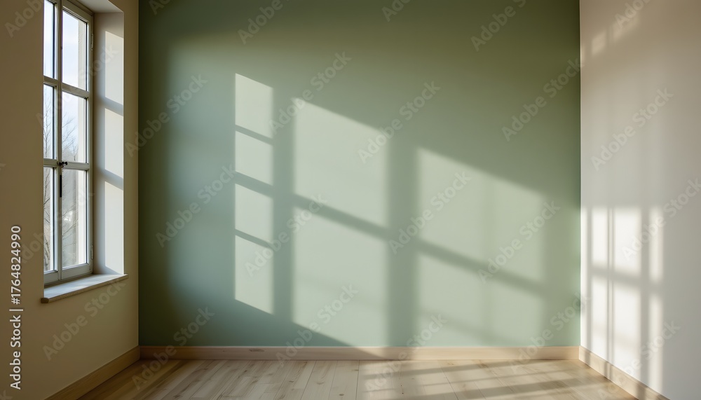 Fototapeta premium Sunlight Casting Soft Shadows on a Minimalist Green Room with Large Windows in a Modern Interior