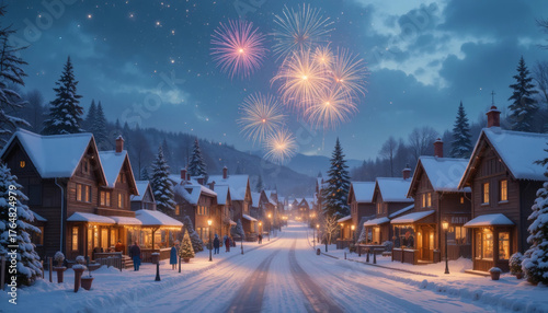 Wallpaper Mural Fireworks lighting up the night sky over a snowy town decorated with Christmas lights Torontodigital.ca