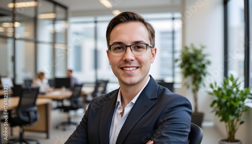 Smiling Young Professional Man in Glasses Wearing a Suit in Modern Office Interior