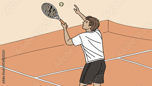 Illustration of a tennis player serving a ball on a court with a racket in hand ready to hit the ball