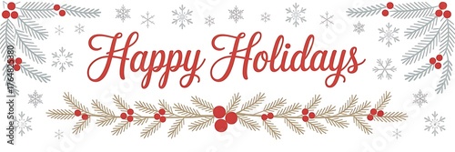 Happy holidays greeting card with branches and berries isolated on white background