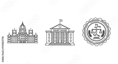 Set of law and justice icons featuring a courthouse, capitol building, and legal seal in black line art.