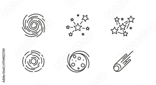 Set of Six Stylized Celestial Icons - Galaxies, Stars, and Meteor.