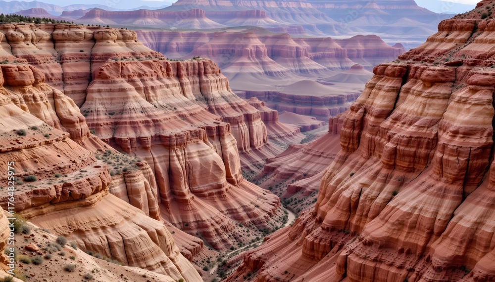 Fototapeta premium Expansive View of Rugged Red Canyon Landscape Under a Blue Sky with Clouds