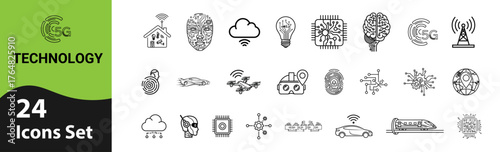 Technology Line Icons Set. Collection of Modern Innovation, AI, IoT, Robotics, and Digital Transformation Linear Signs.