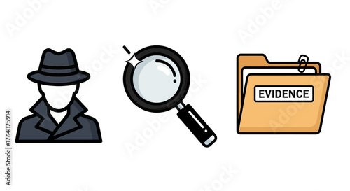Silhouette of a detective with magnifying glass and evidence folder.