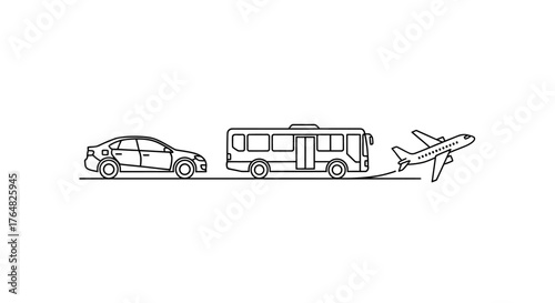 Simple Black and White Line Art Illustration of a Passenger Airplane Taking Off.