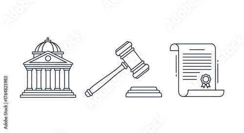 Simple Black and White Outline of a Wooden Gavel and Sound Block.