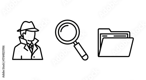 Simple black line art icon set featuring a detective, a magnifying glass, and a file folder.