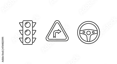 Simple black outline icons - vertical traffic light, triangular right turn road sign, and car steering wheel.