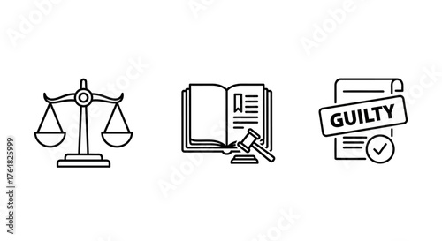 Simple Black Outline Icons Representing Justice, Law, and Legal Concepts.