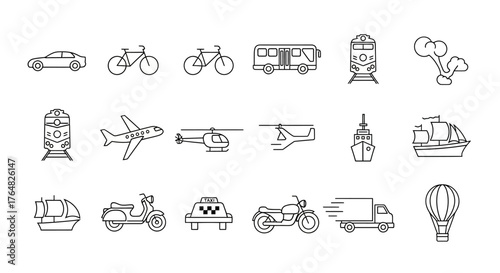 Sketchy black outline transportation vehicles icon collection, diverse travel modes.