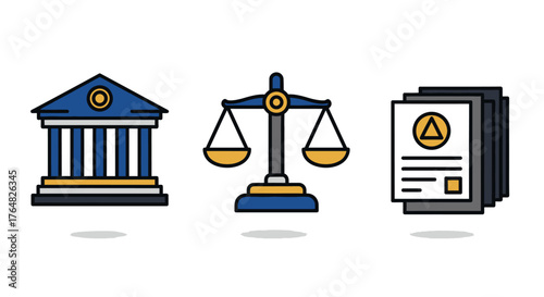 Stylized Icon of a Balanced Scales of Justice with Golden Pans and Base.