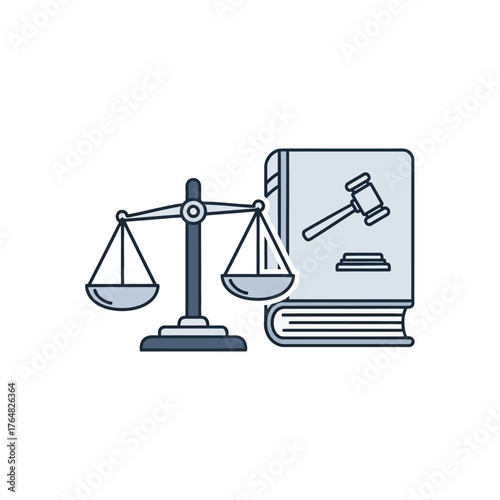 Stylized line art illustration of balanced justice scales and law book with gavel.