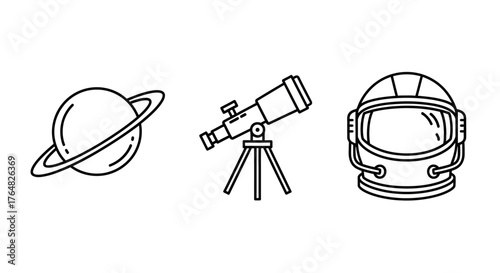 Stylized Line Art Icons of Saturn, Telescope, and Astronaut Helmet.