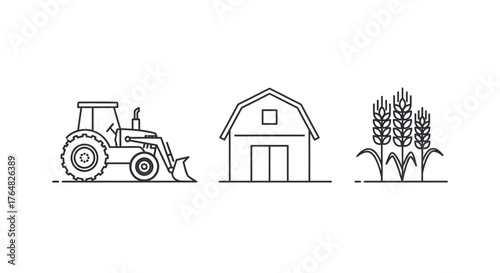 Stylized Line Art Icons of Tractor, Barn, and Wheat Stalks.