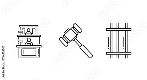 Three Line Art Icons Representing Justice System Elements.
