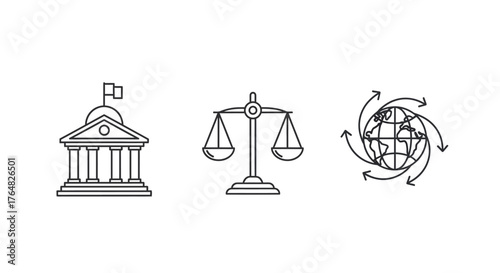 Three line art icons - government building, scales of justice, and globe with arrows.