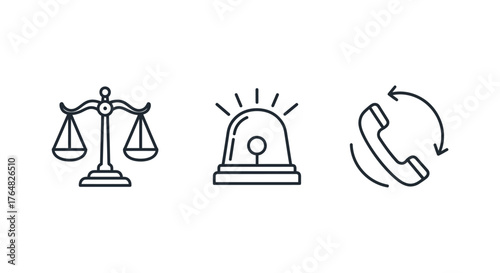 Three Thin Line Icons Representing Justice, Emergency, and Communication.