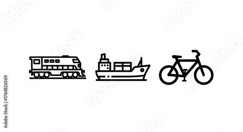 Train, cargo ship, and bicycle icons in a row, outlined in black on white.
