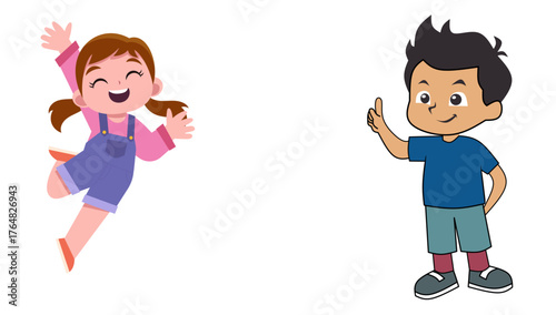 Joyful girl leaps with excitement while boy gives a confident thumbs up, celebrating success and positivity together
