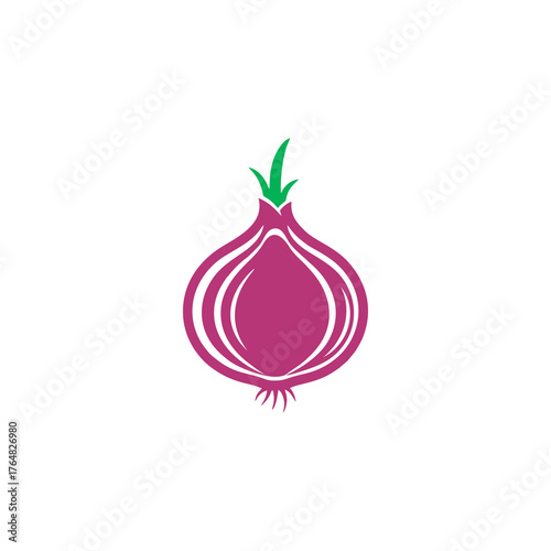 Stylized illustration of a red onion with green sprout, isolated on white background.