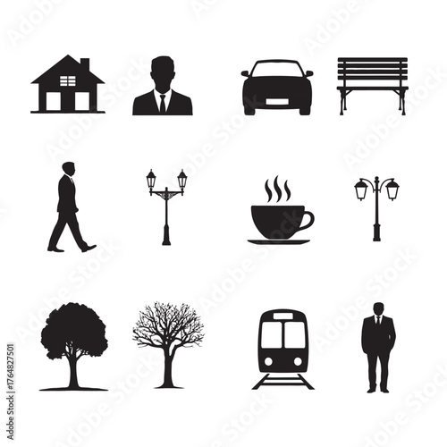 Urban Lifestyle Icon Set – Businessman, Transportation, Coffee, and City Elements