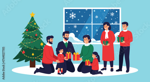 Joyful family exchanging Christmas gifts by the tree in a cozy home, celebrating the holidays together with love and happiness on a snowy night