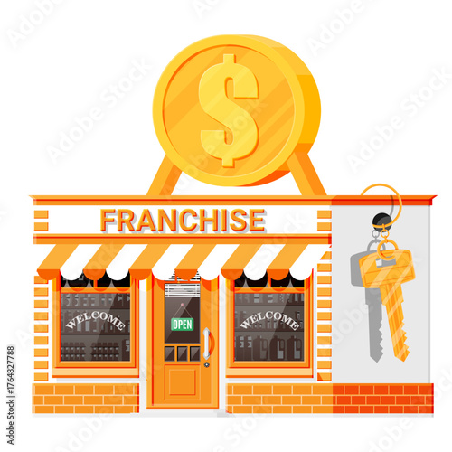 Unlock your entrepreneurial dream with this vibrant franchise opportunity, complete with a symbolic golden coin and a key to success.