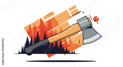 Dynamic axe slices through vibrant forest background with energetic wood grain texture, symbolizing adventure and nature's power