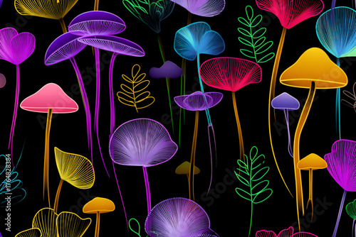 Vibrant neon mushrooms and leaves on black background
