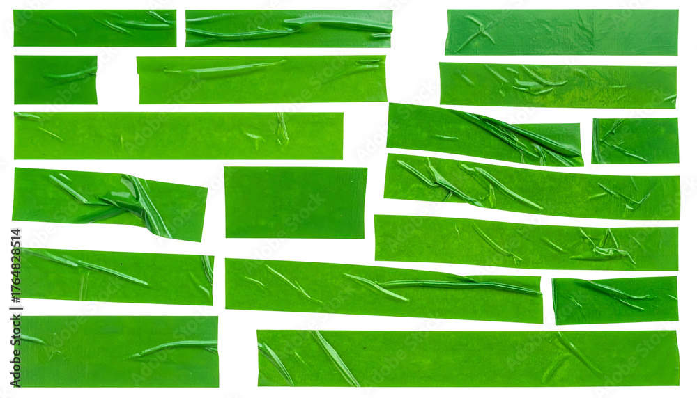 Obraz premium Green rectangles, overlapping and taped, arranged in a brick-like design with varying shades